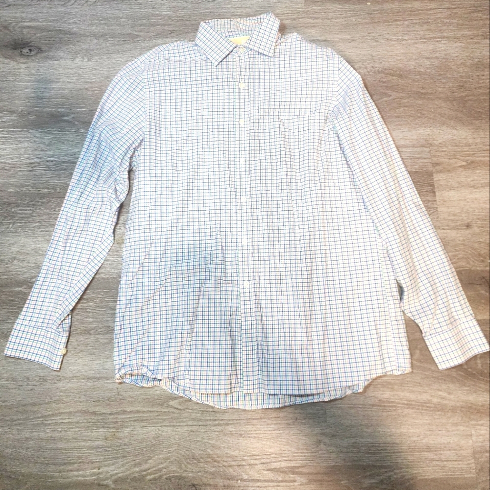 Michael Kors Men's 16 1/2 34/35 Blue Check Long Sleeve Slim Fit Dress Shirt
